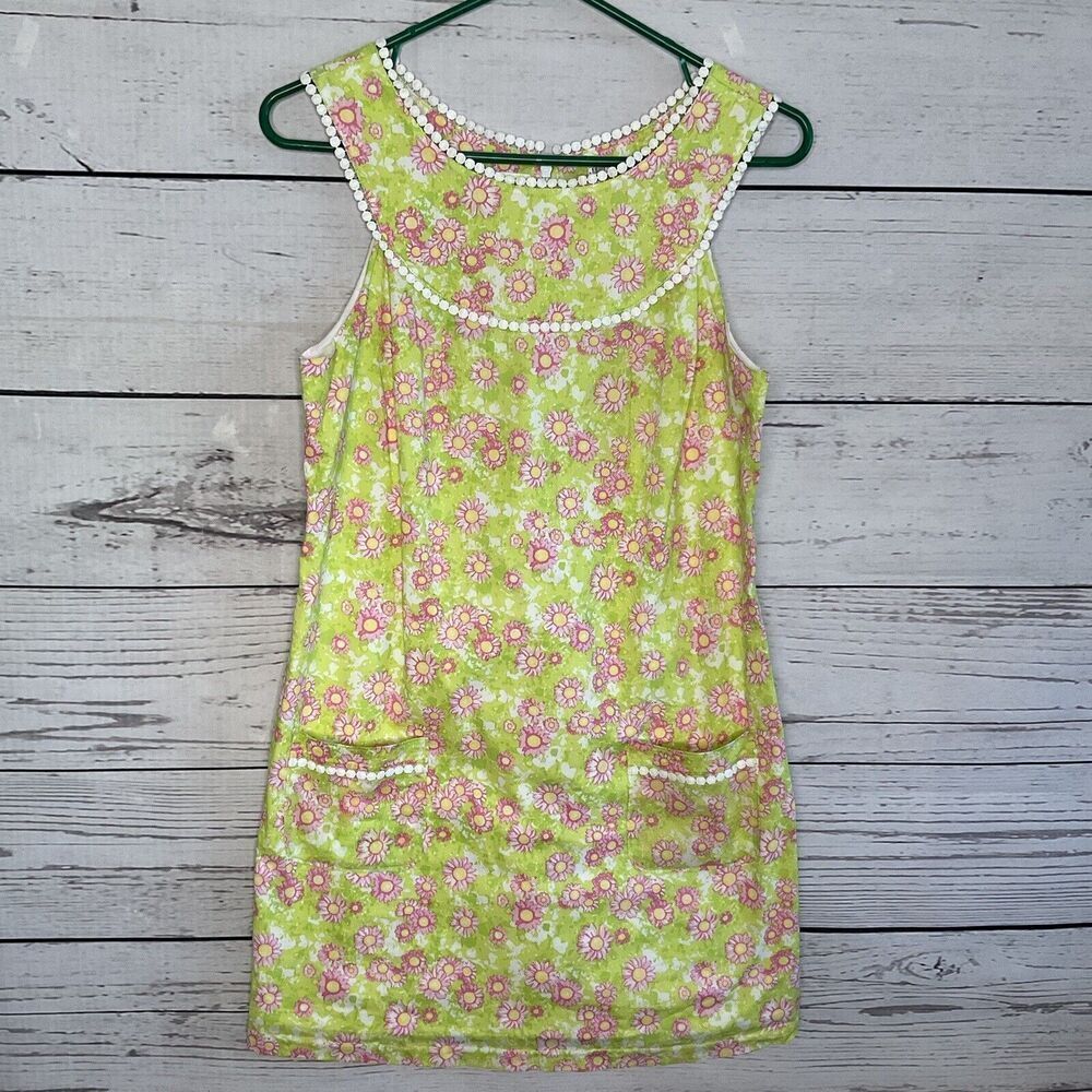 Lilly Pulitzer Dress Small Ditsy Floral Green Yoke Crochet Trim Lined‎ Pockets
